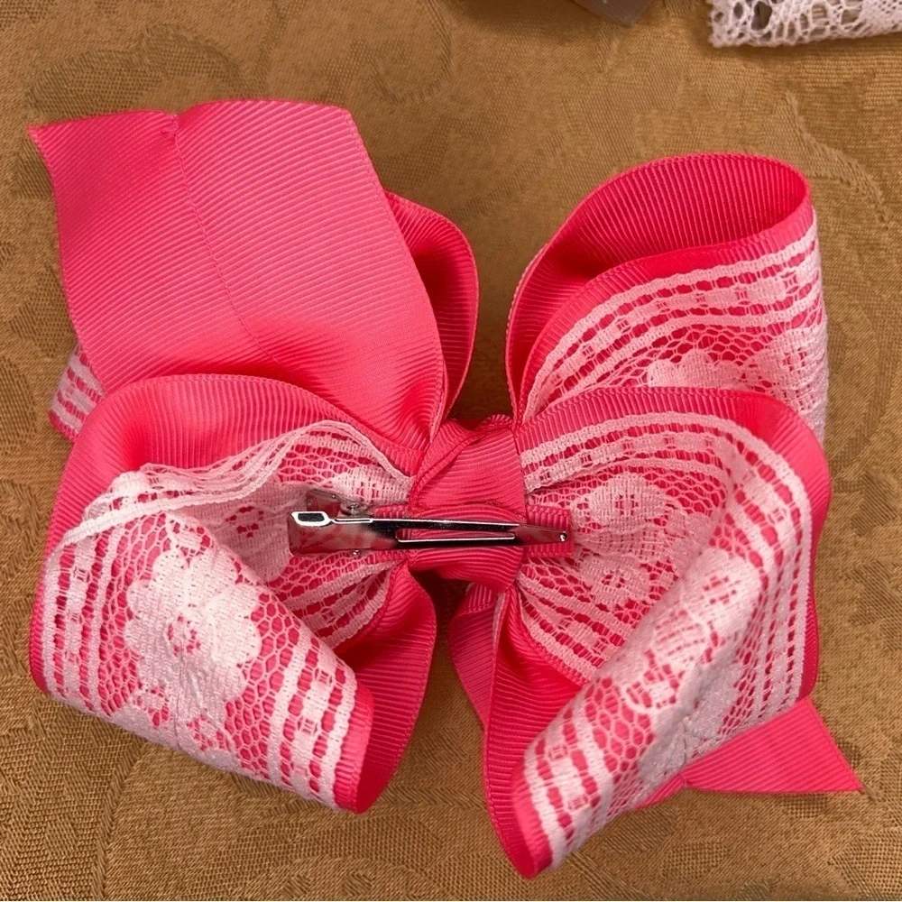 SET OF 3 PINK CHEER BOWS LACE COLORFUL LARGE HAIR ACCESSORIES